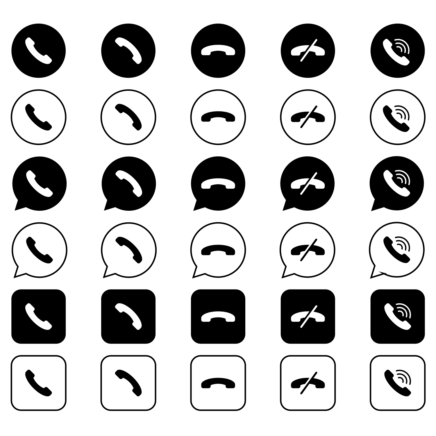 Colección de iconos de llamadas telefónicas en círculos y cuadrados