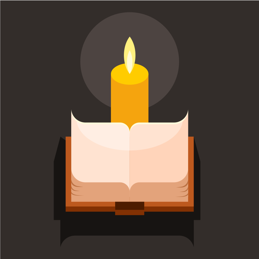 A lit candle shines on an open book.
