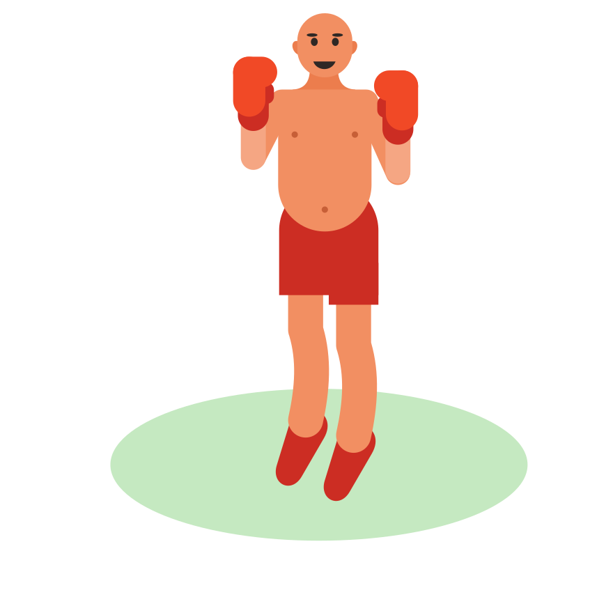 Bald boxer with red gloves and shorts stands ready.