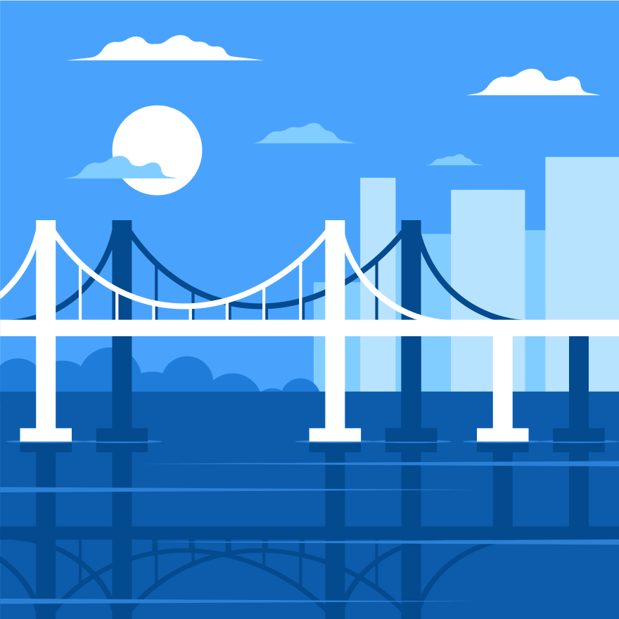 Un pont suspendu blanc au-dessus de l’eau avec des bâtiments urbains.