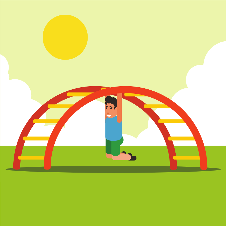 Niño colgando de las barras del patio de recreo