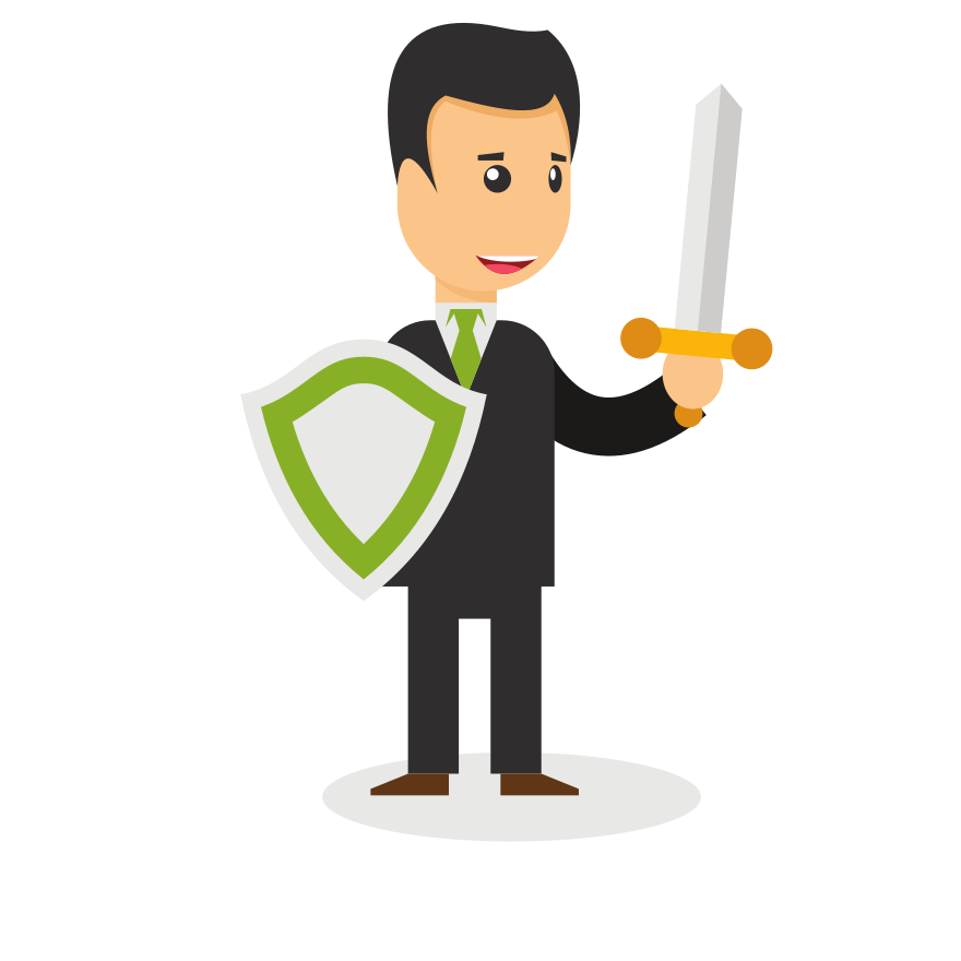 Man in suit holding sword and shield