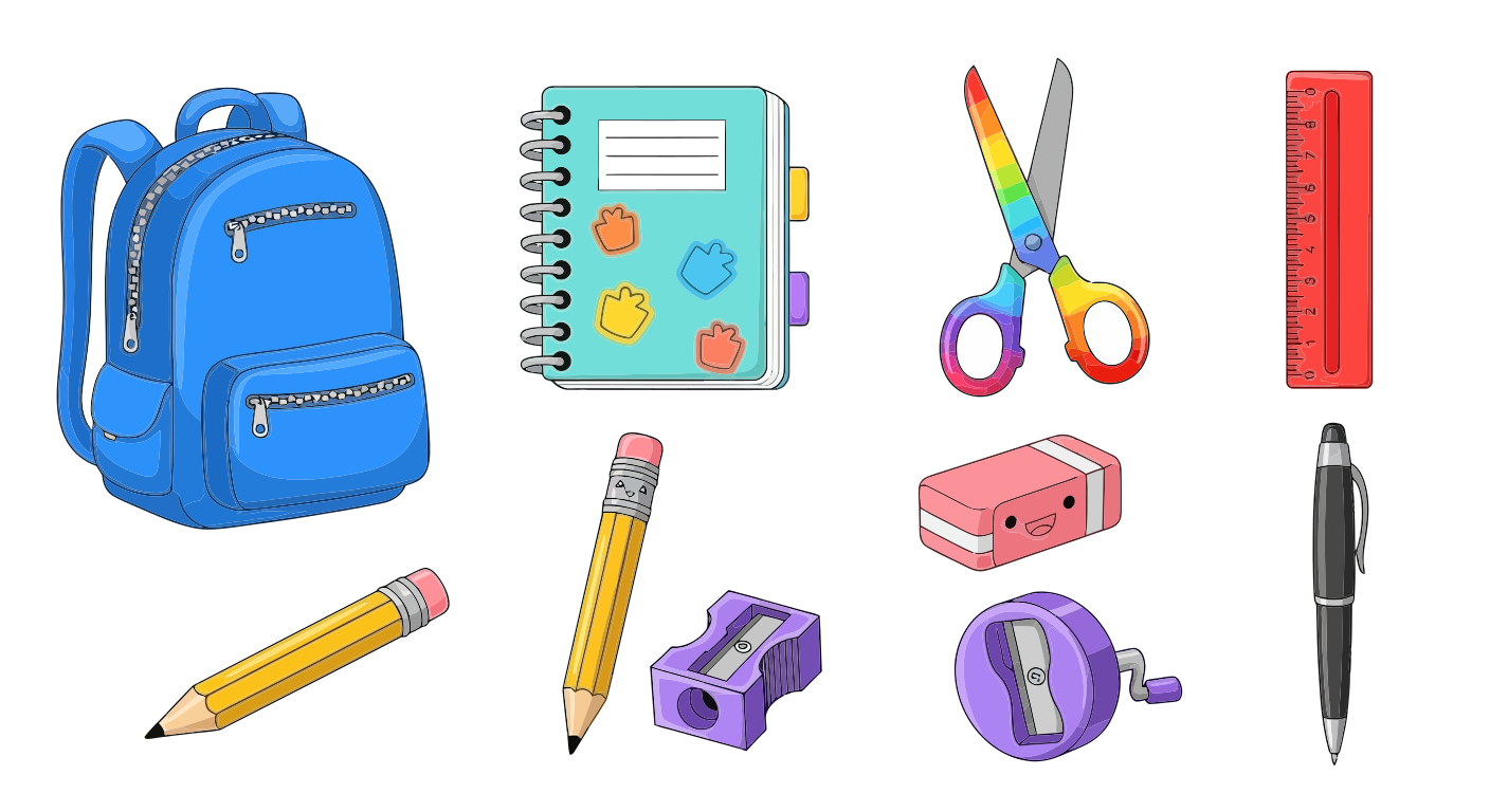 School supplies including backpack, notebook, pencils, and scissors.