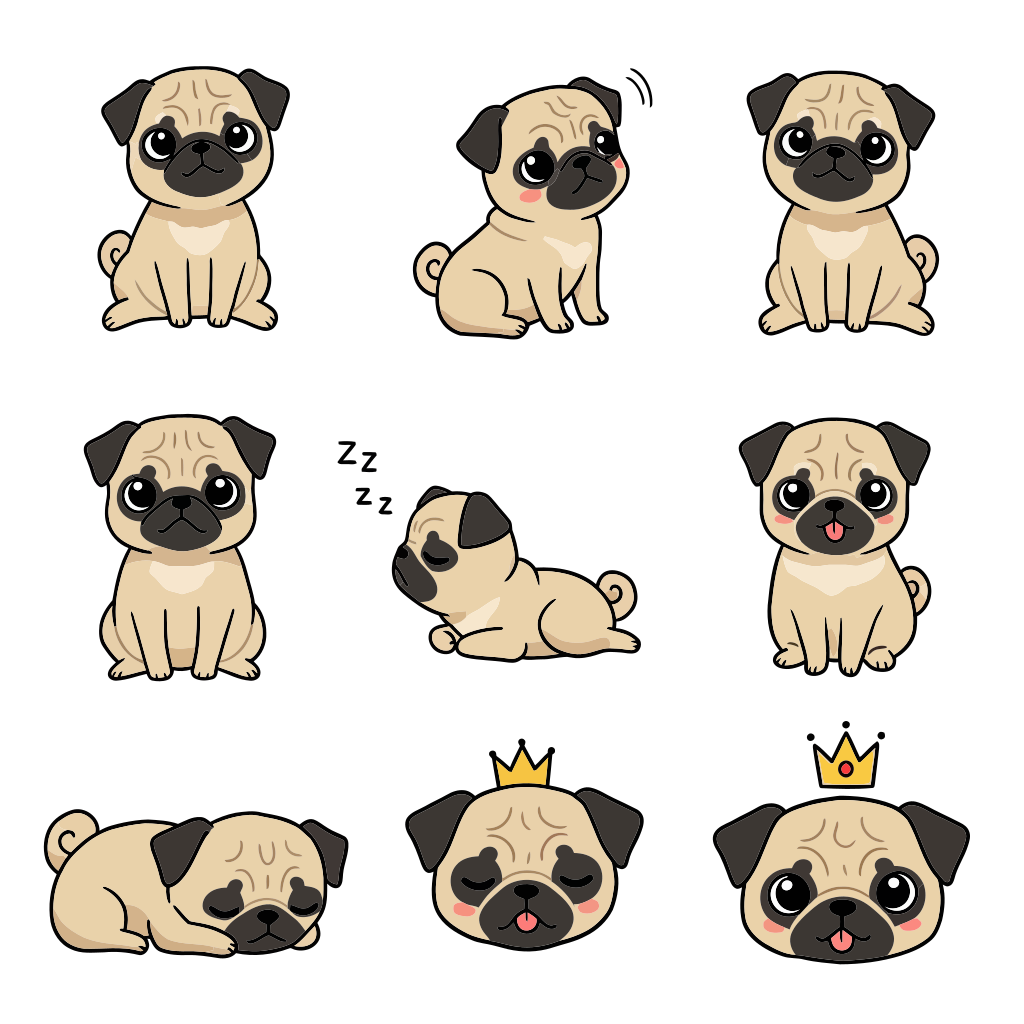 Collection of cute cartoon pugs in various poses