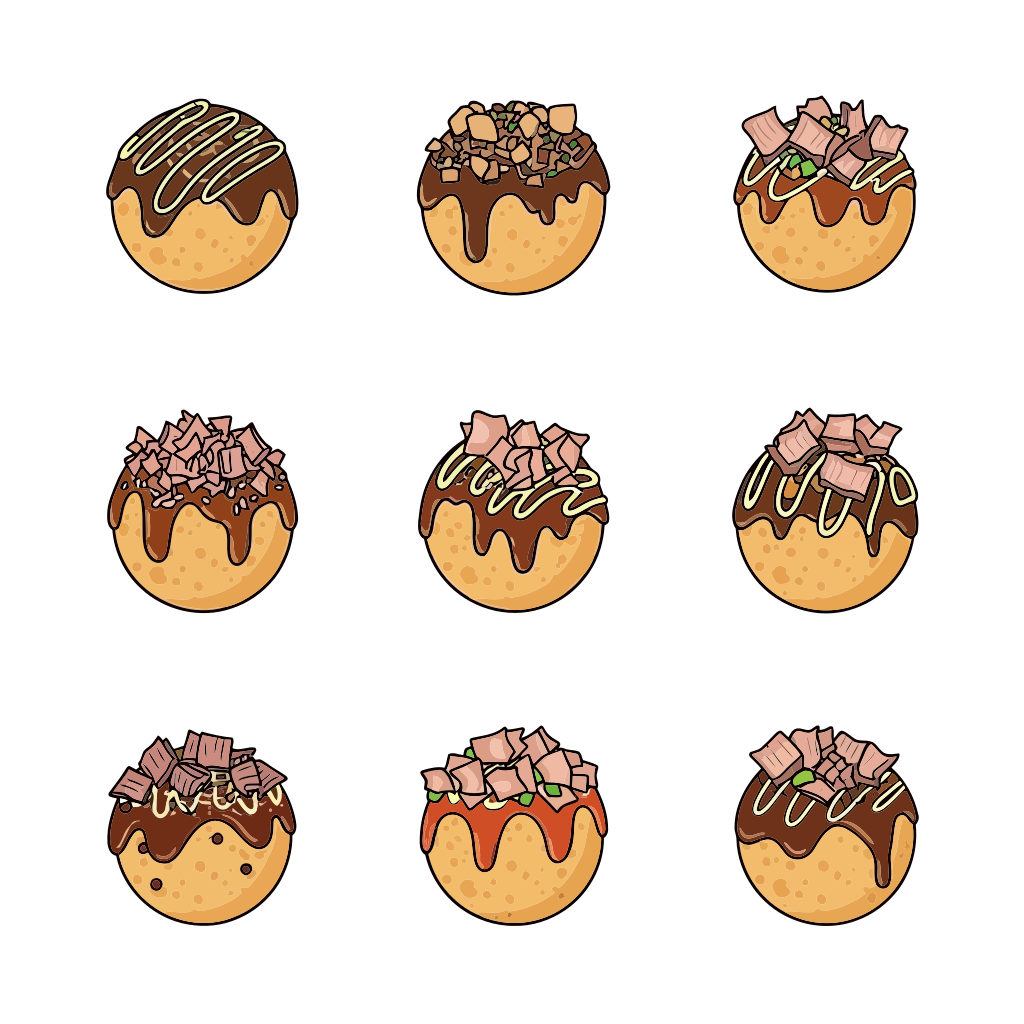 Nine different takoyaki balls with various toppings