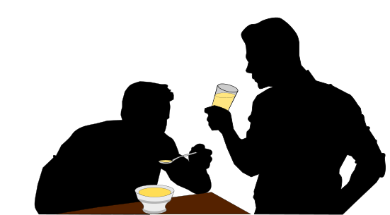 Two silhouettes sharing food and drink at table