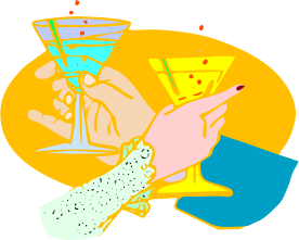 Two hands holding martini glasses with red garnish