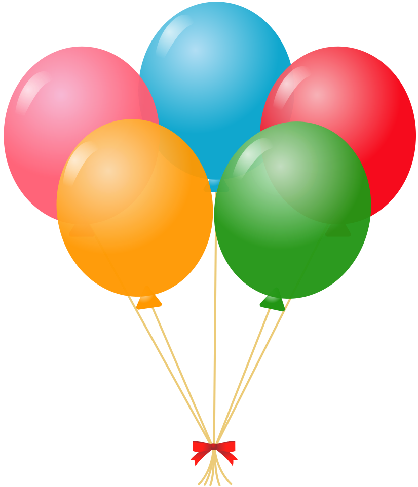 Five colorful balloons tied with a red ribbon