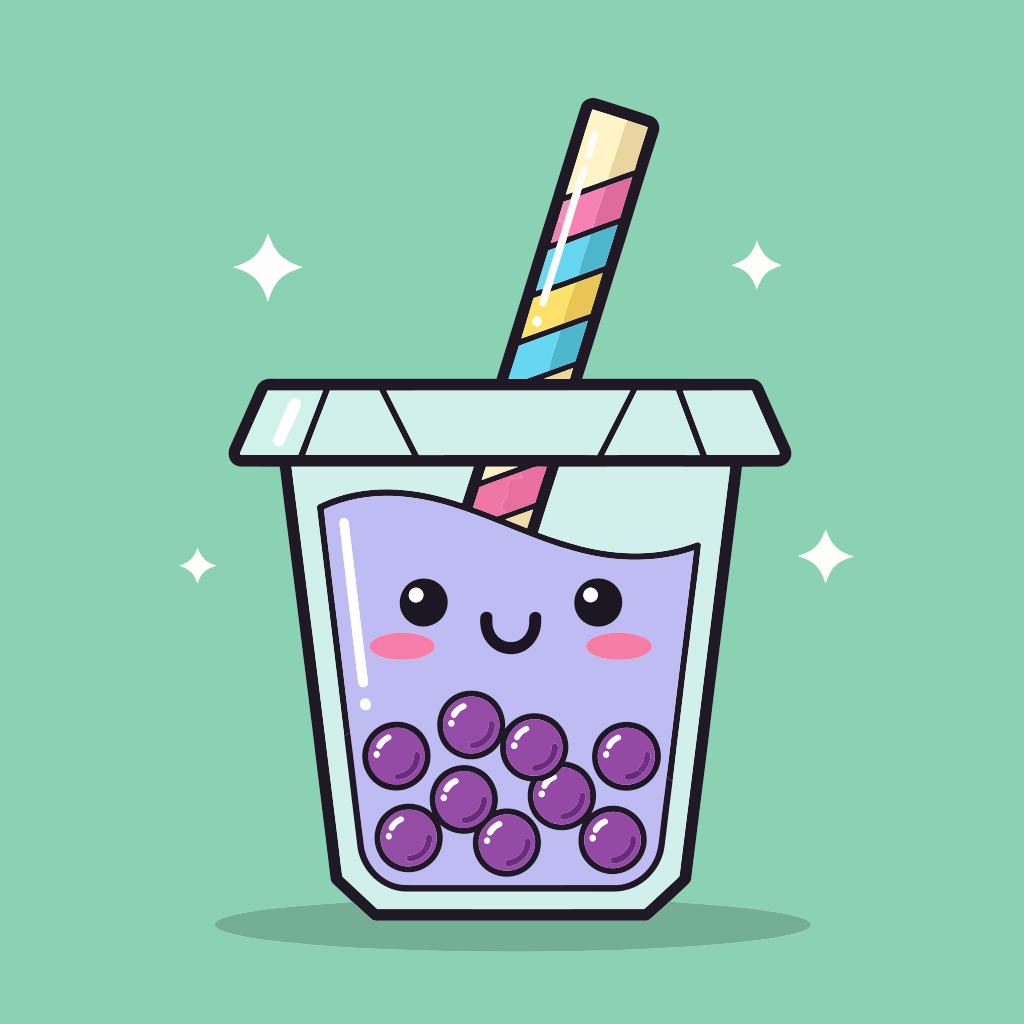 Un té de burbujas de dibujos animados con perlas moradas