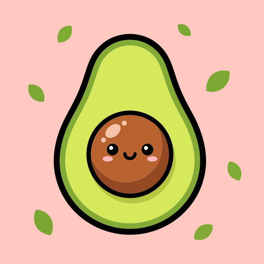 Eine süße Cartoon-Avocado mit einem lächelnden Gesicht.