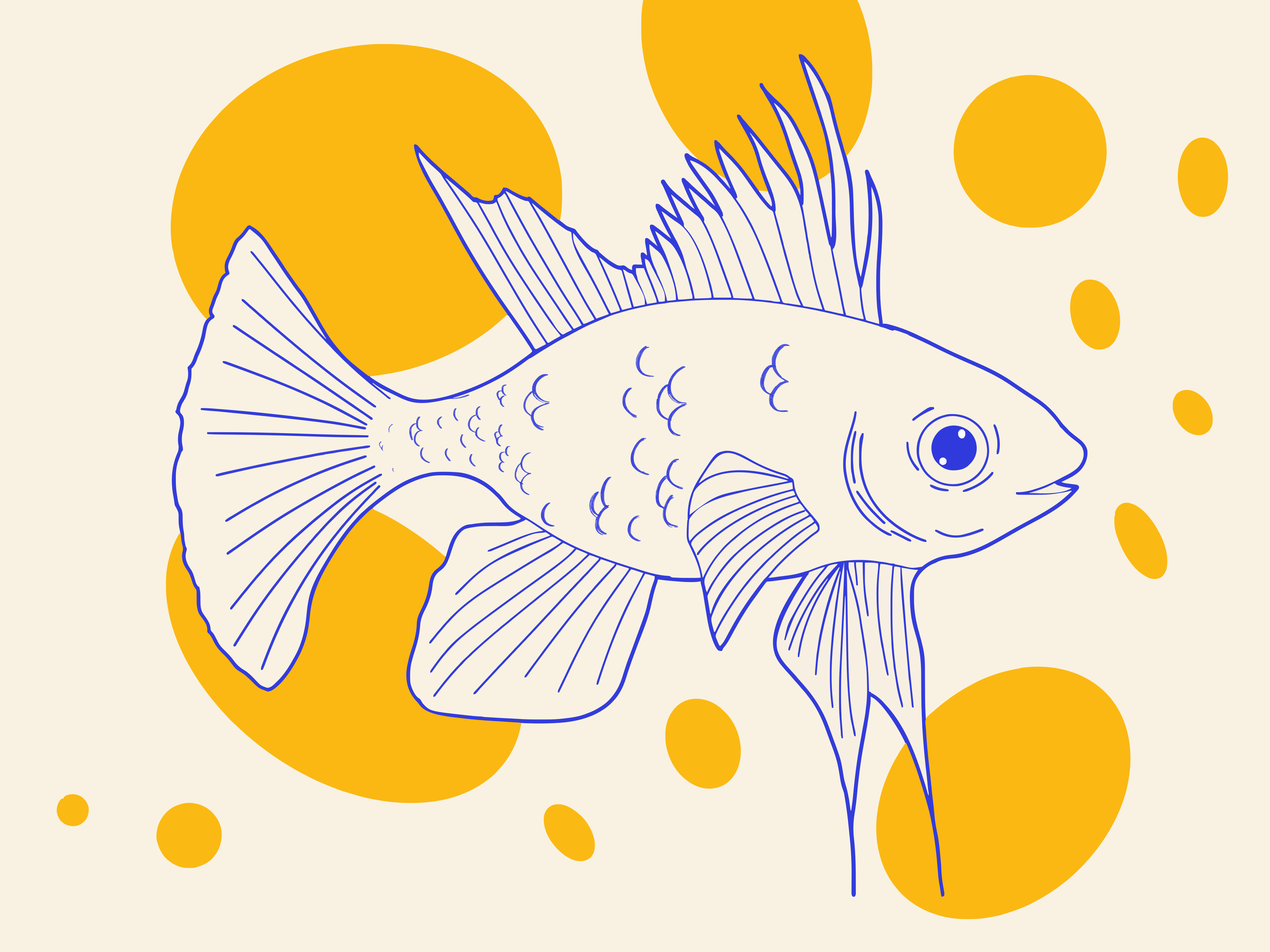 A stylized drawing of a fish with yellow circles.