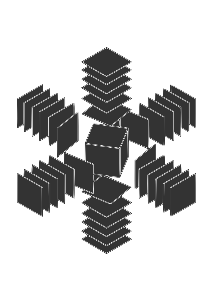 A cube surrounded by stacks of squares.