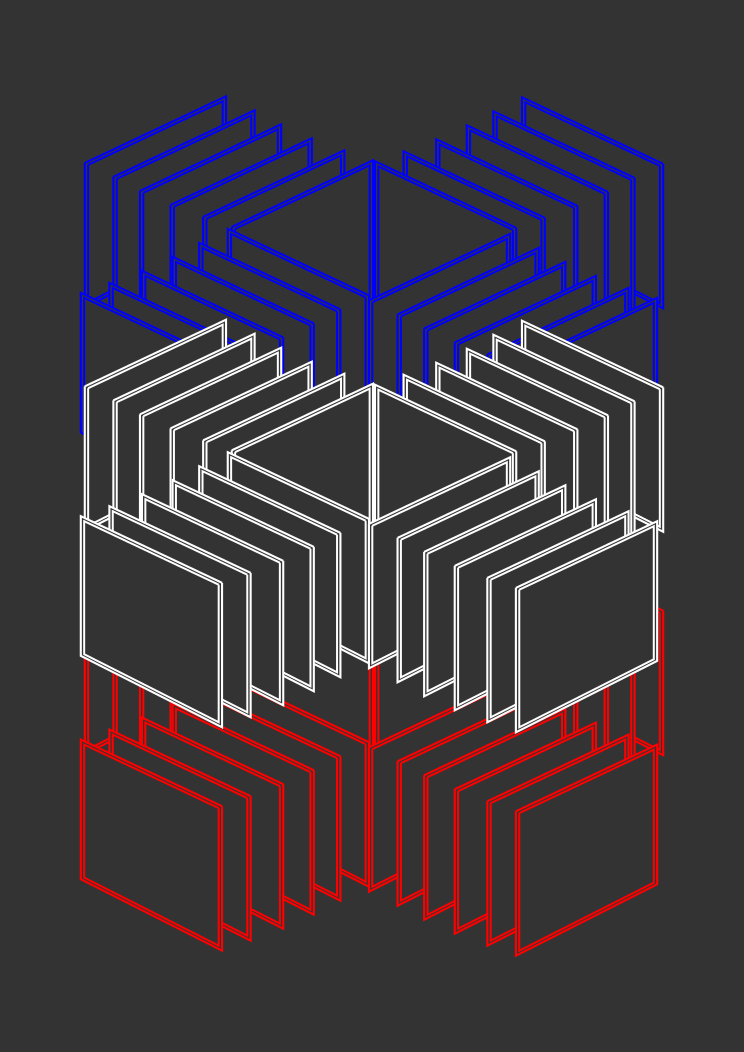 Abstract geometric design with blue, white, and red layers.