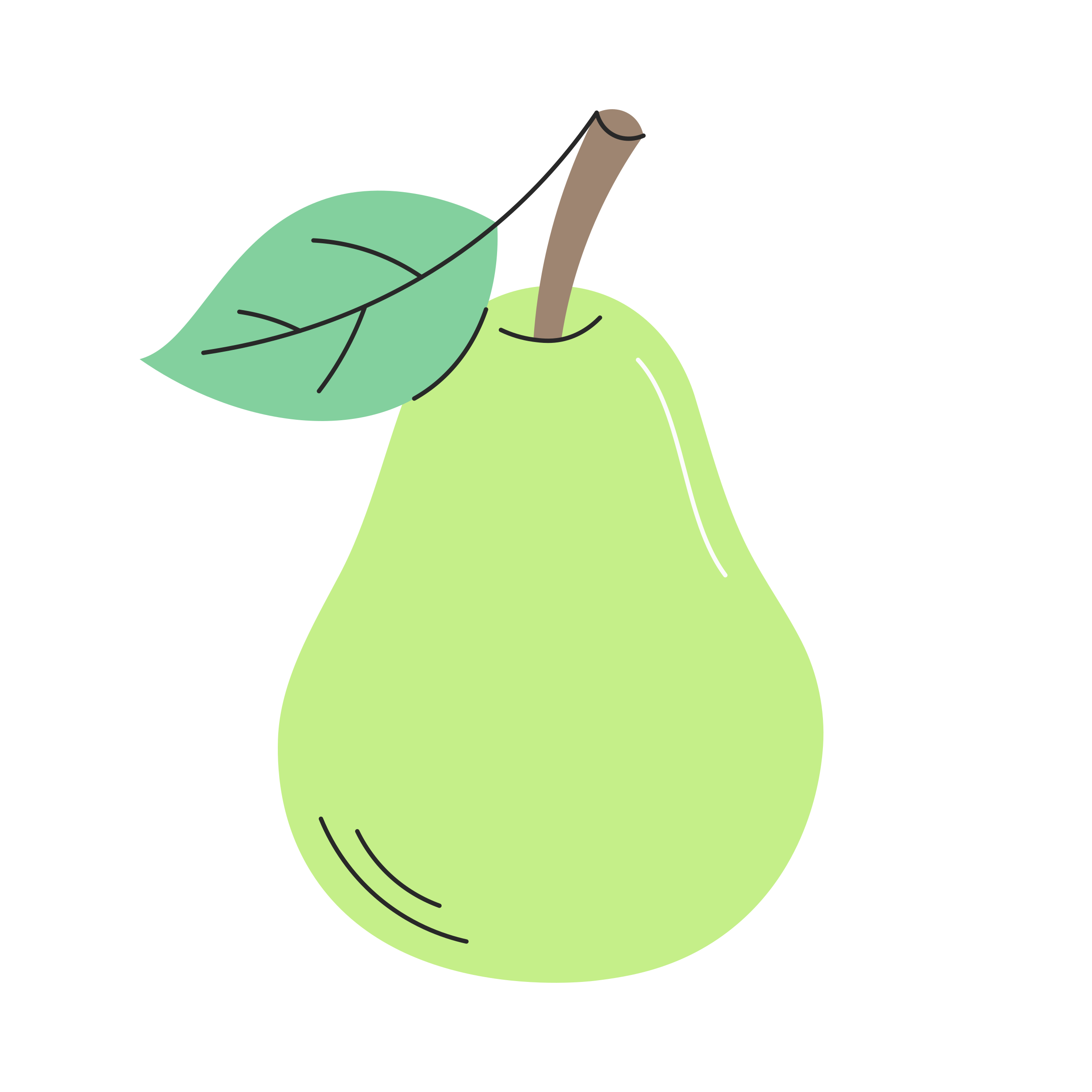 Una pera verde con una hoja sobre fondo blanco