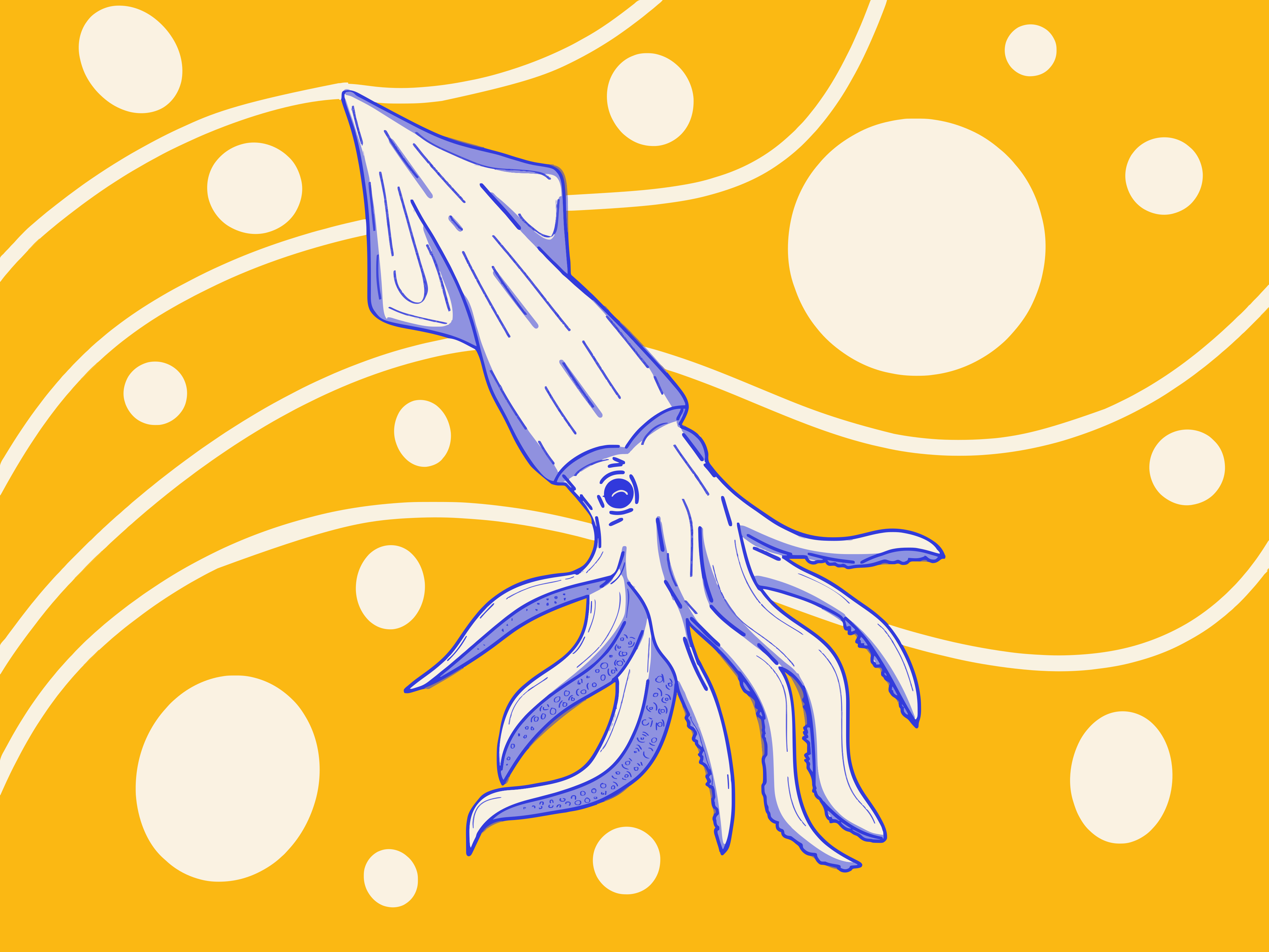 Un calamar estilizado flota sobre un fondo amarillo.