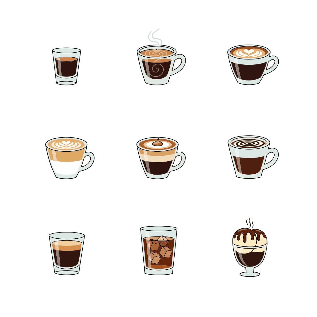 Nine different types of coffee drinks on white background