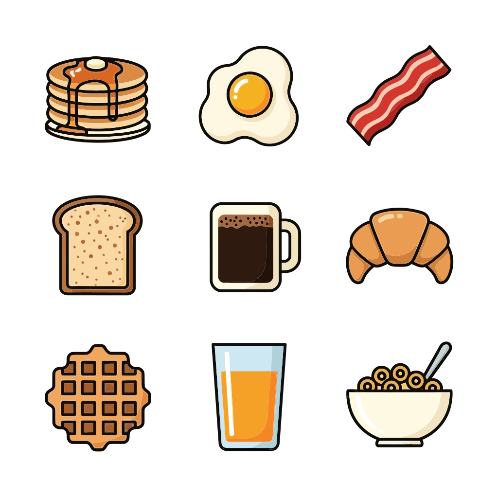 Various breakfast foods including pancakes, eggs, and bacon.