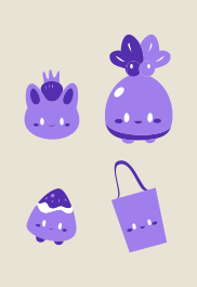 Four cute purple characters on a beige background.