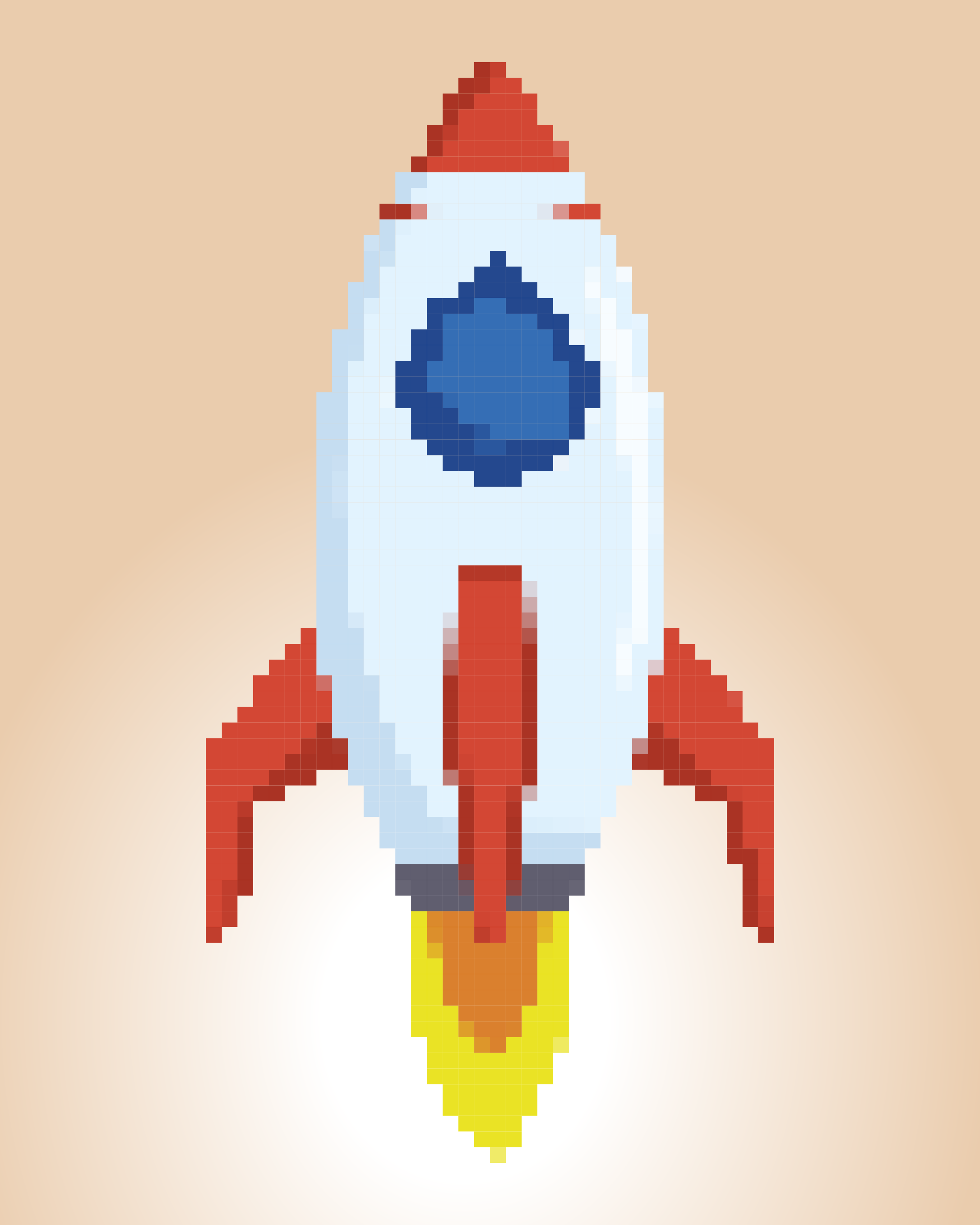 Pixel art rocket ship launching with fire.