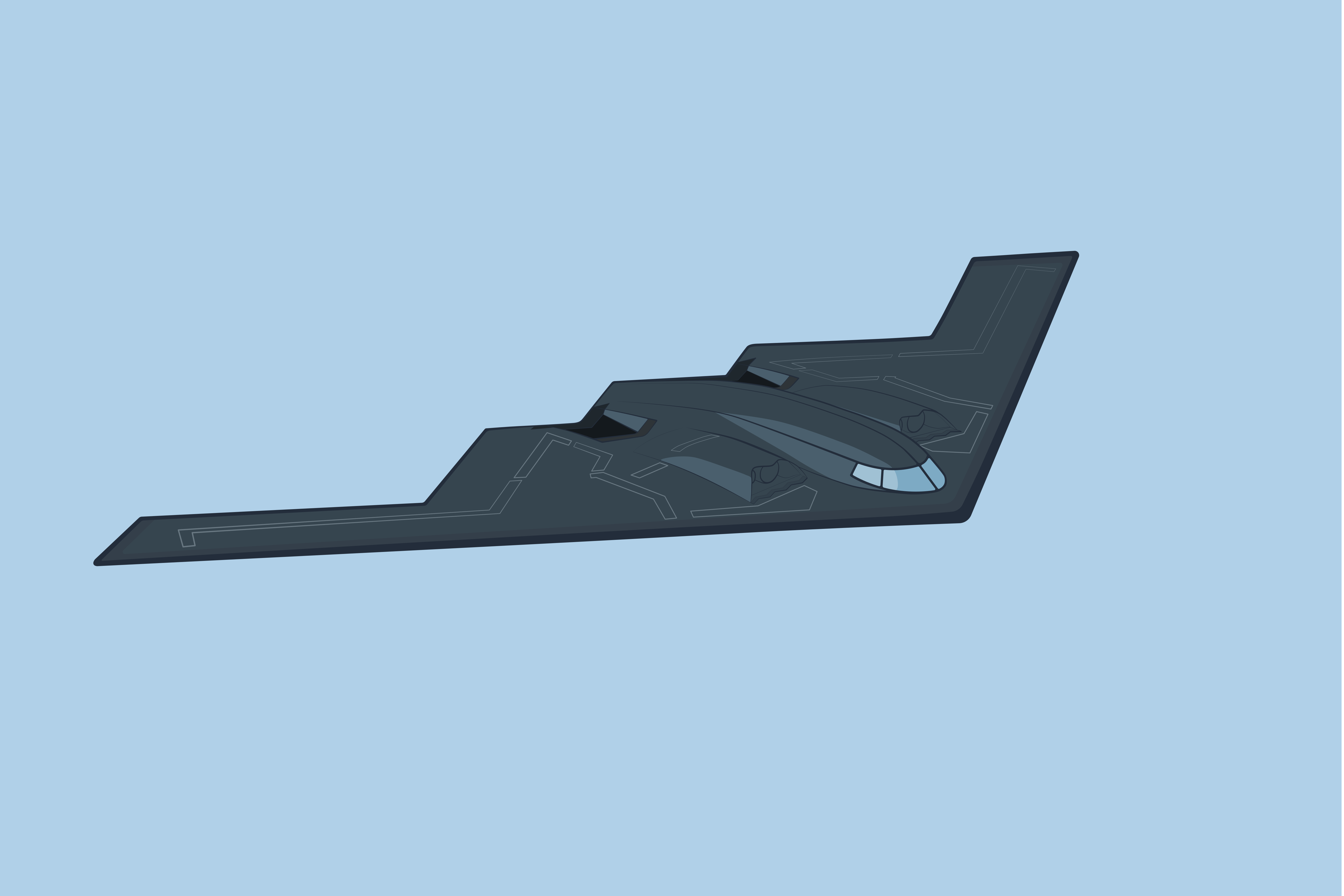Stealth bomber flying in a clear blue sky