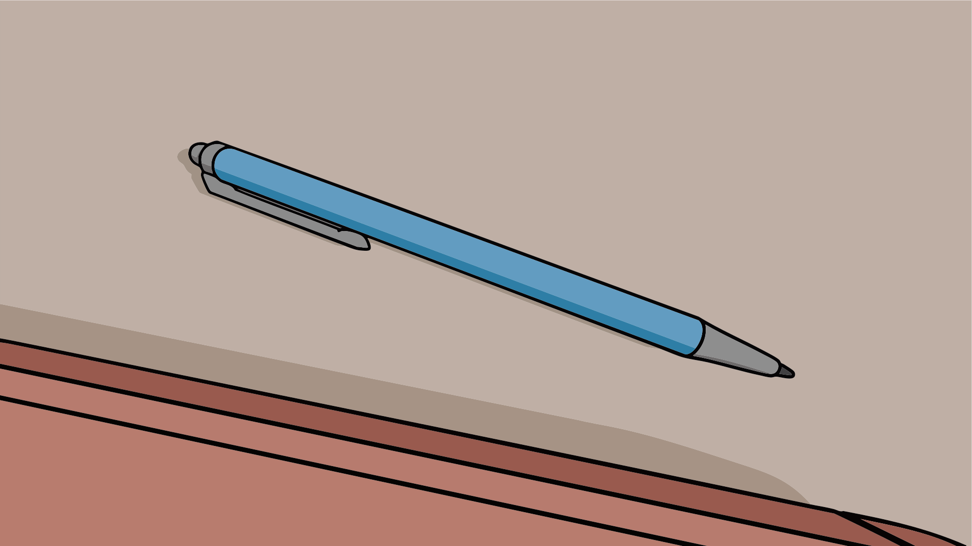 A blue pen rests on a brown surface.