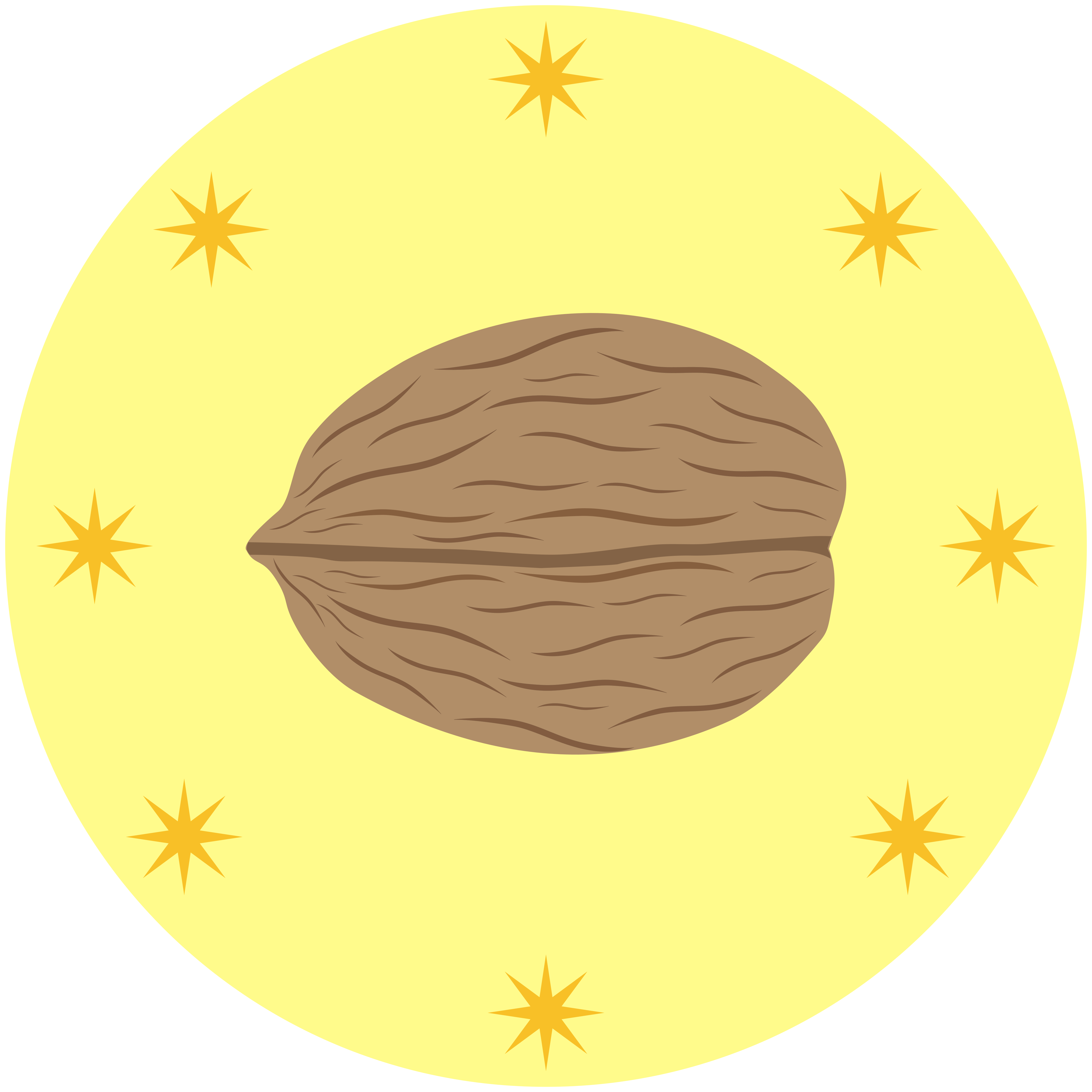 Una nuez marrón rodeada de estrellas amarillas