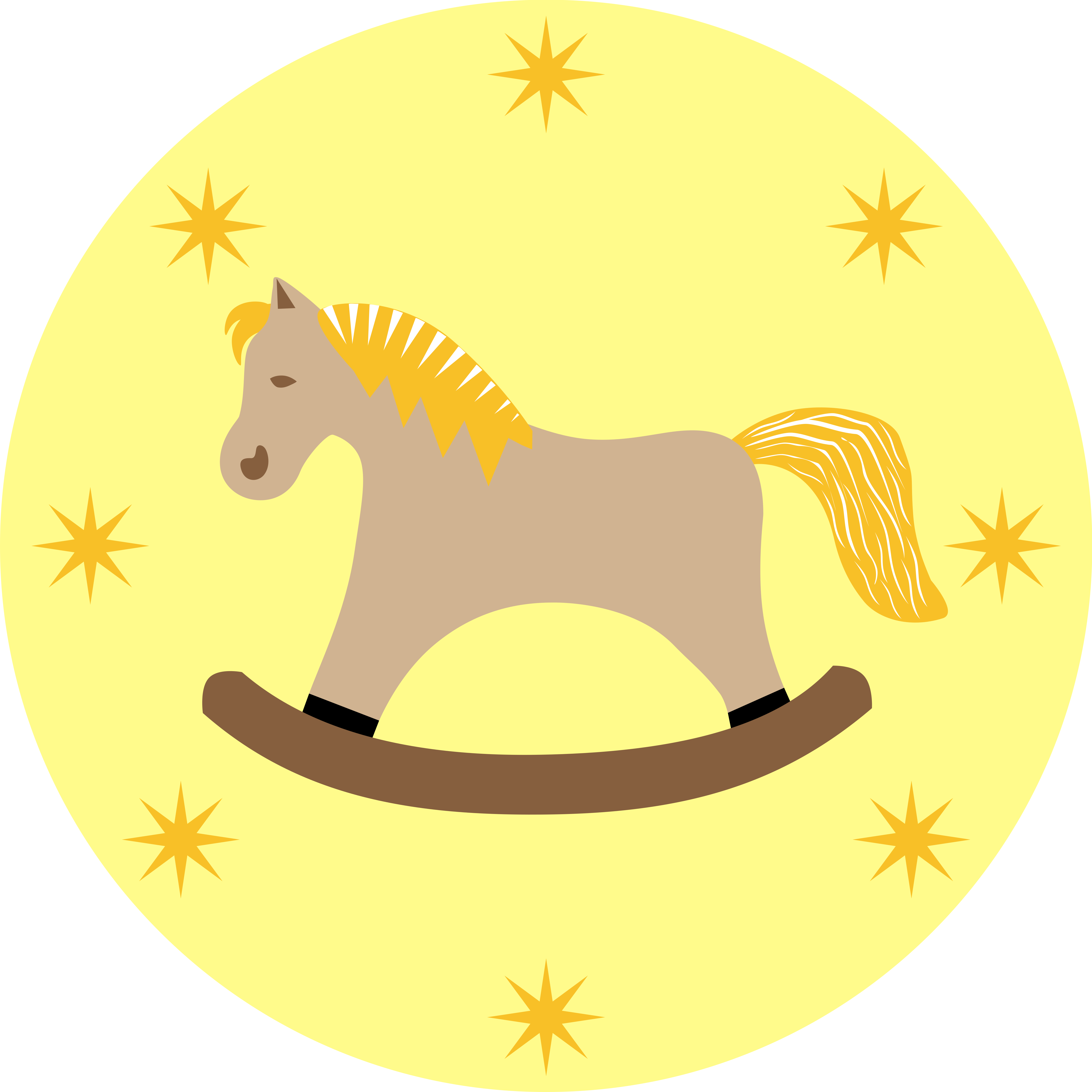 A rocking horse surrounded by stars on yellow background.