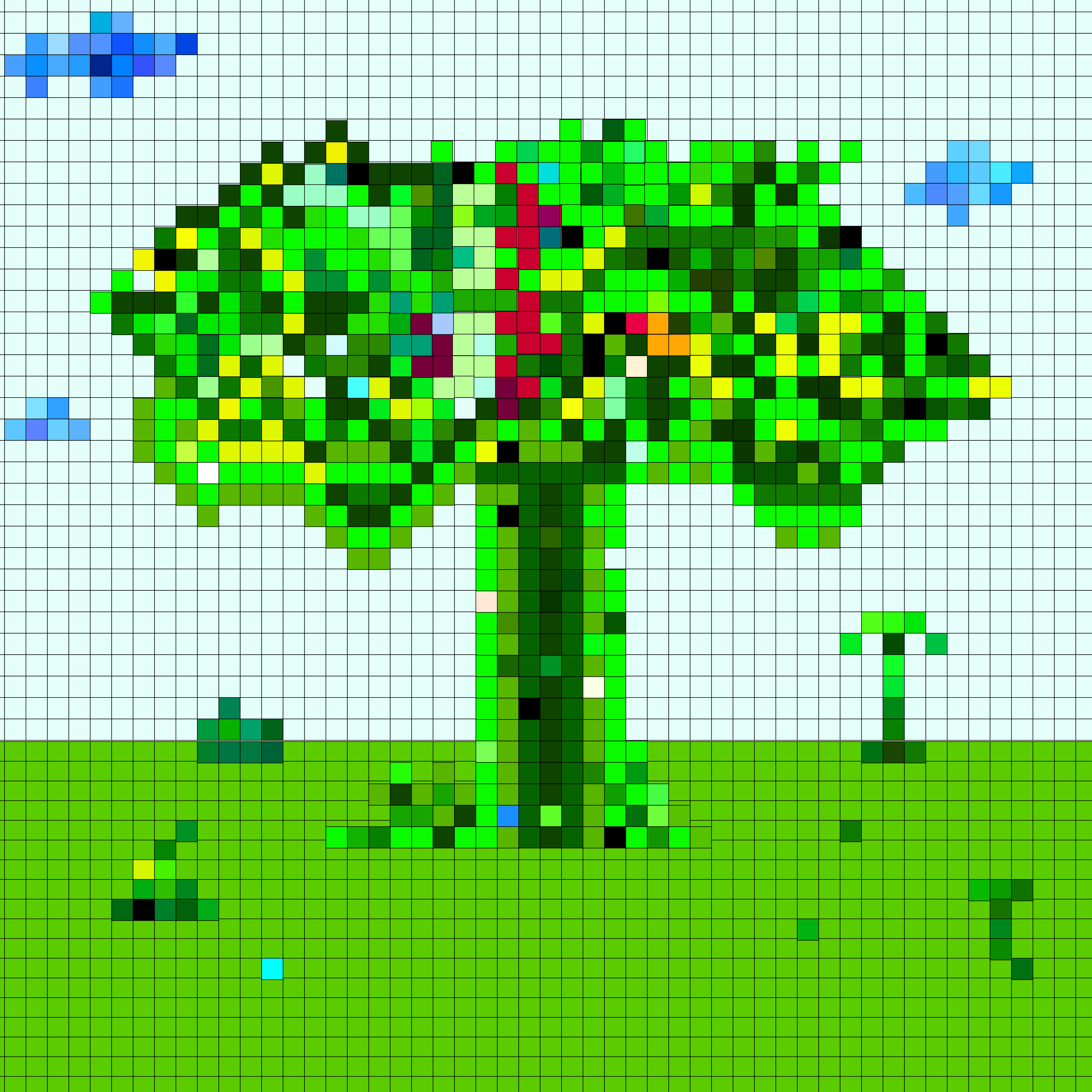 Pixel art de un árbol verde con nubes y hierba.