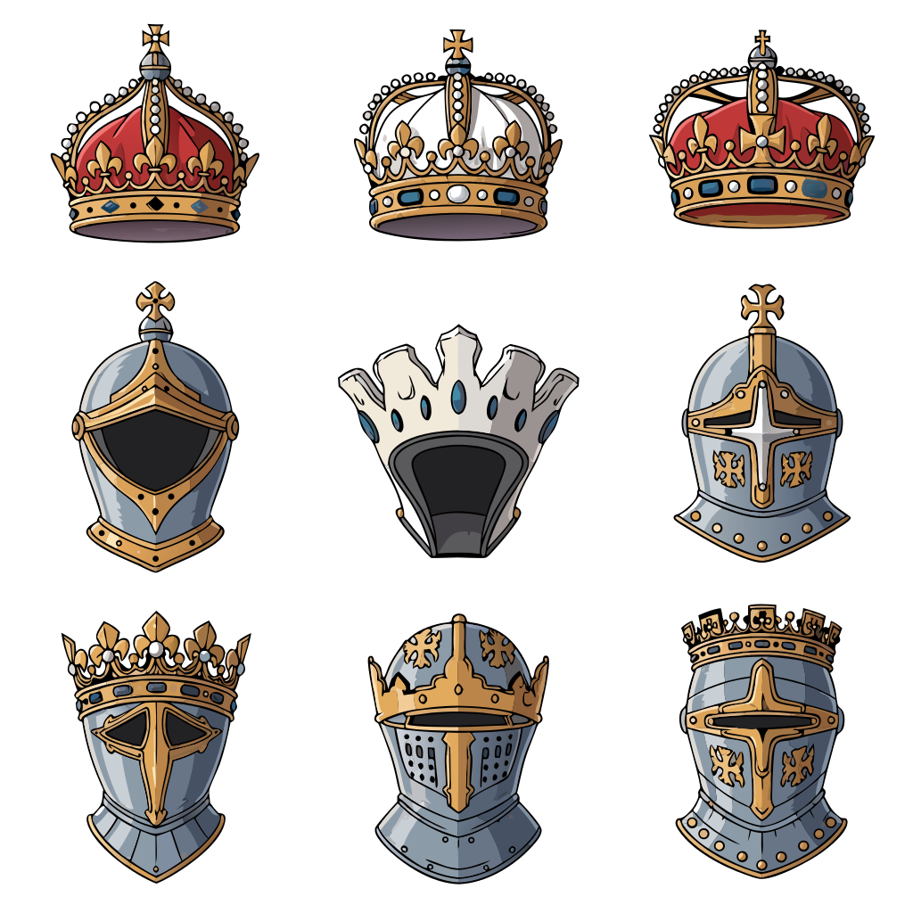 Collection of royal crowns and knight helmets