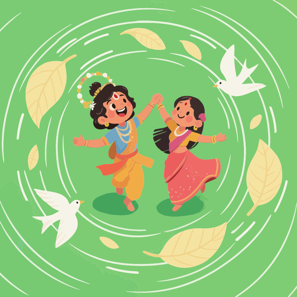 Two children dancing with birds and leaves
