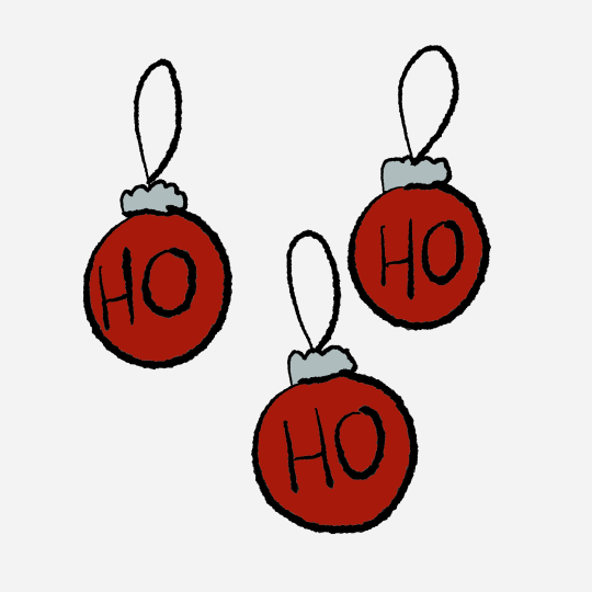 Three red christmas ornaments with ho written on them