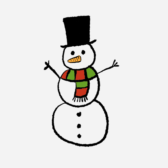 A hand-drawn snowman with a top hat and scarf