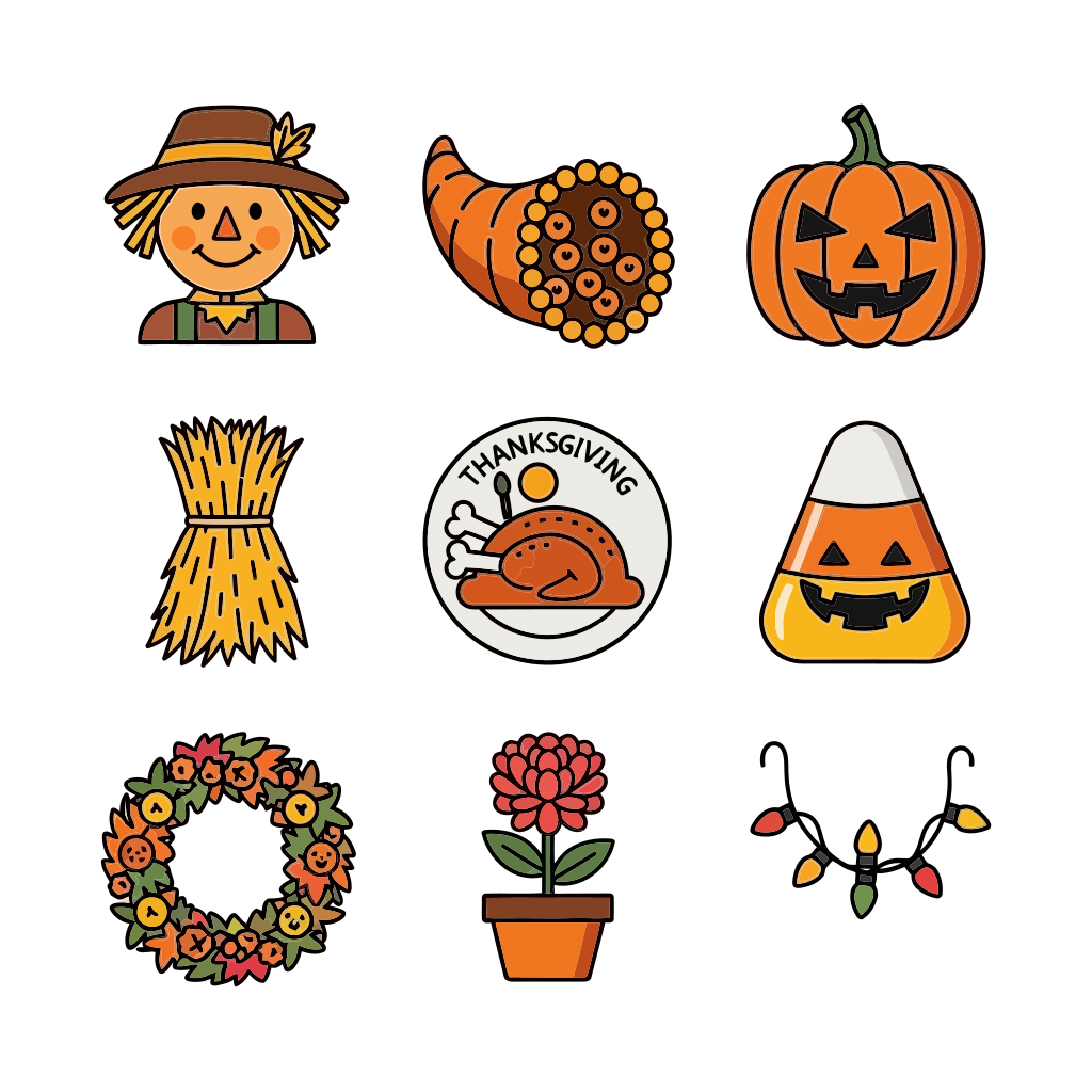thanksgiving and halloween icons including scarecrow, pumpkin, and