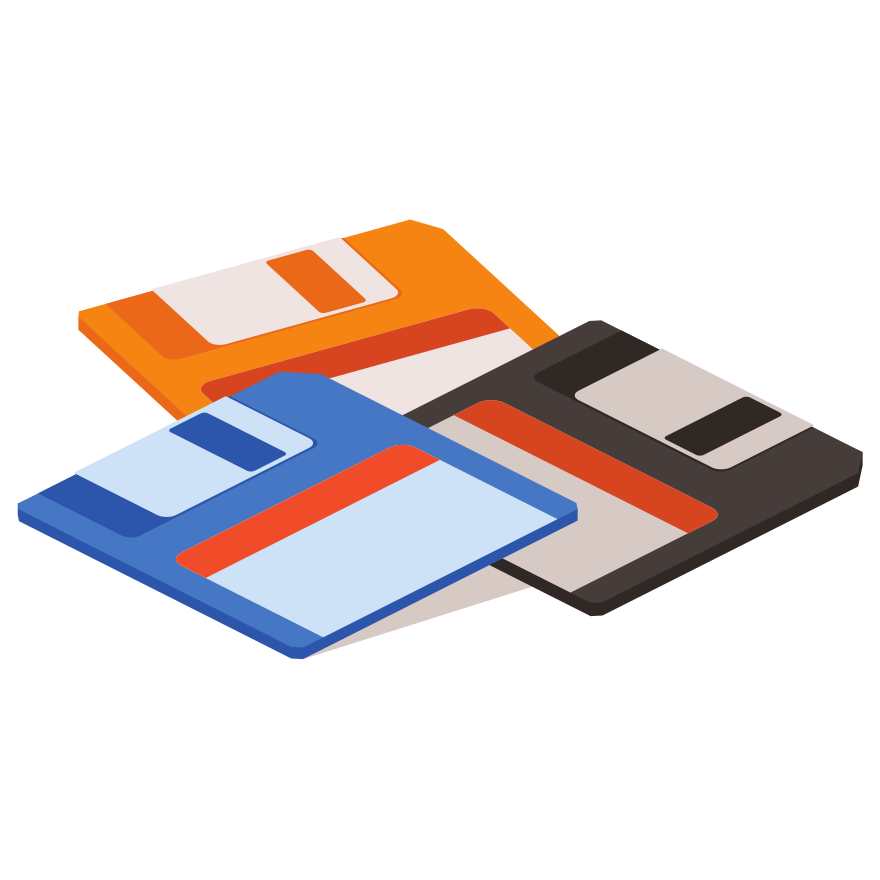 Tre dischi floppy colorati su uno sfondo bianco