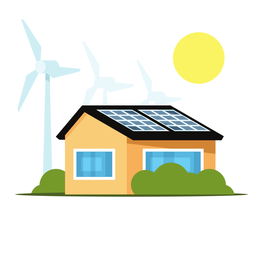 House with solar panels and wind turbines
