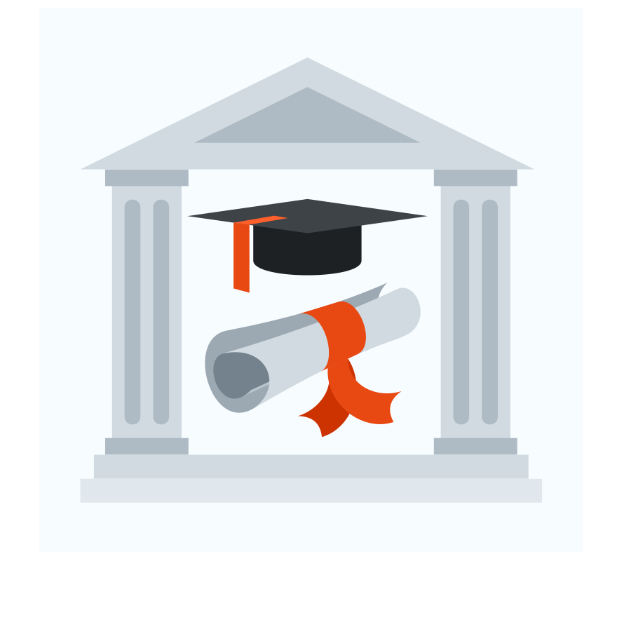 Graduation cap and diploma inside building