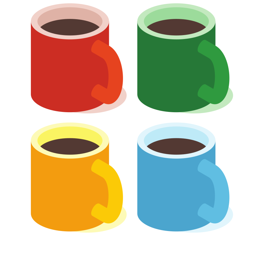 Four colorful mugs filled with coffee