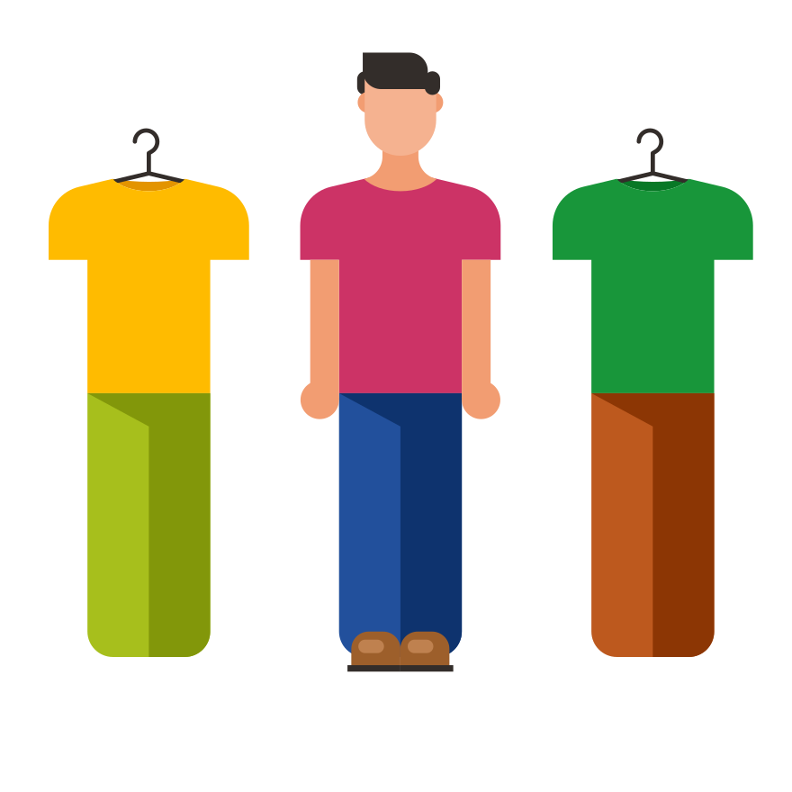 Man standing between two outfits on hangers