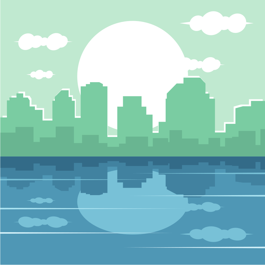 City skyline reflected in water under a large sun.