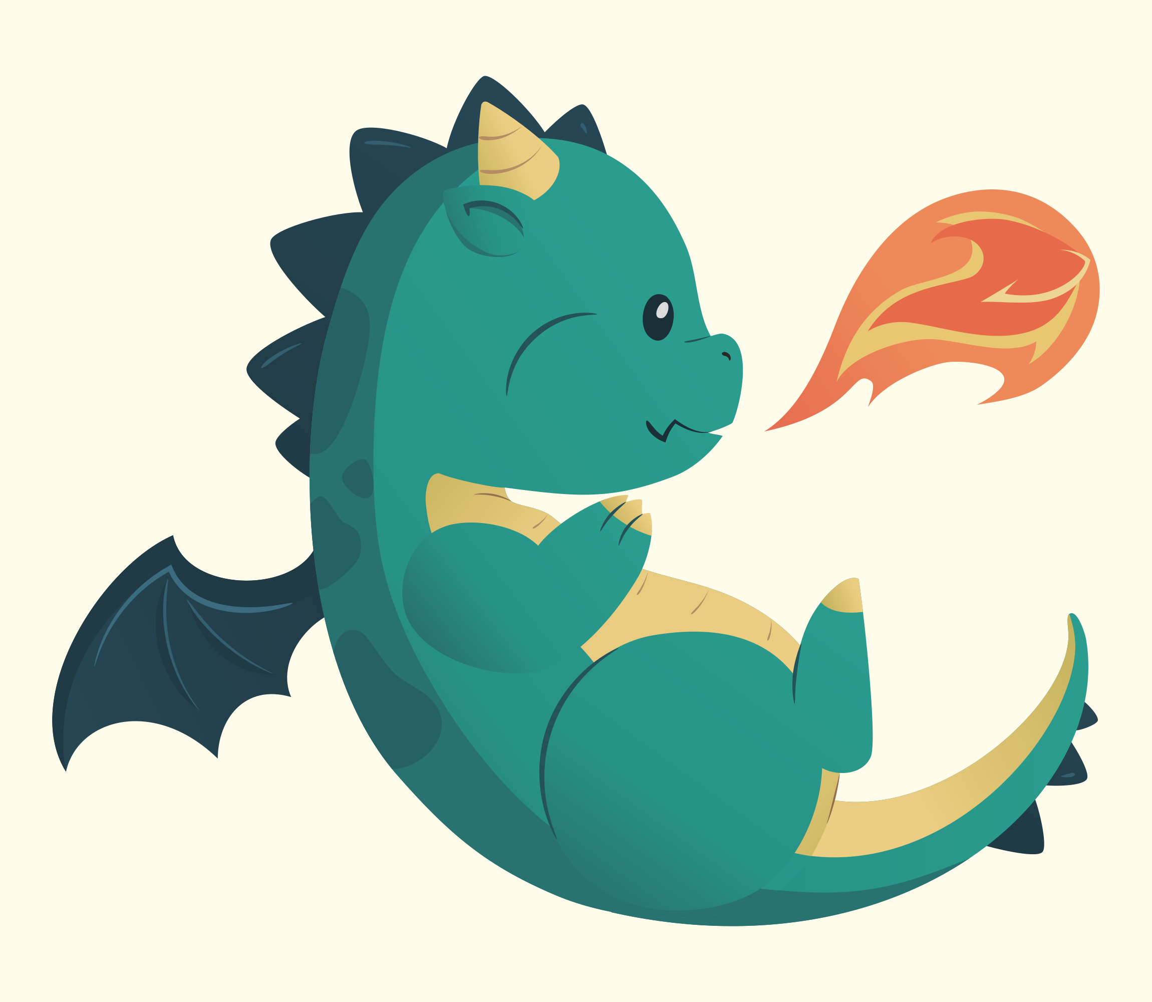 A cute teal dragon breathes a small flame.