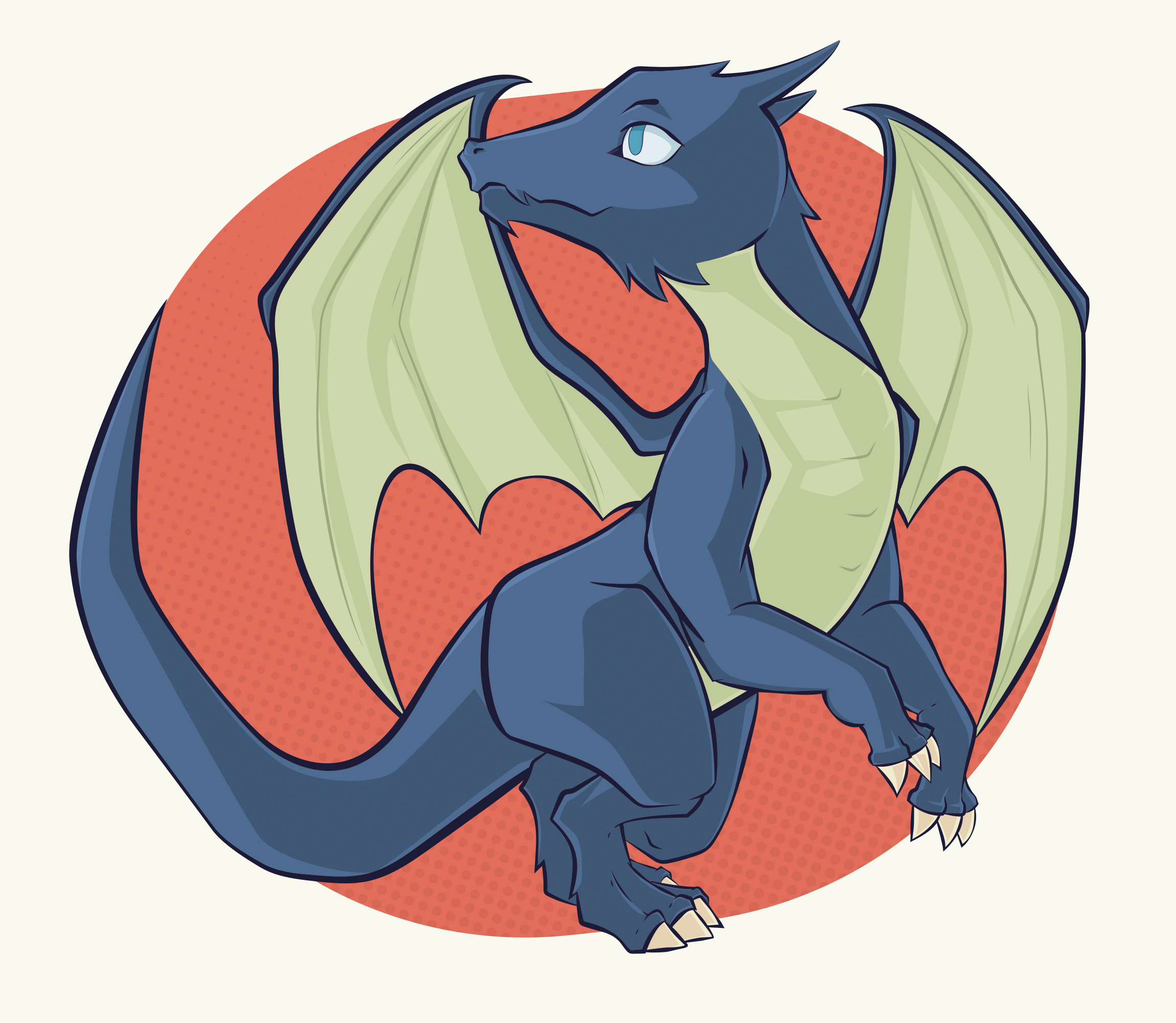 A blue dragon with light green wings stands proudly.