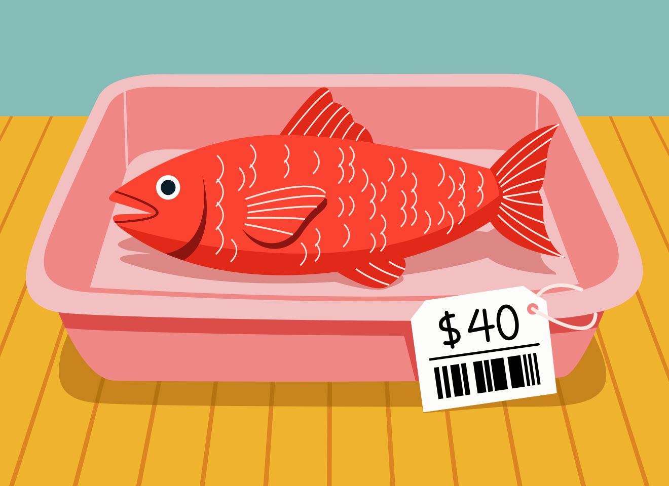 Red fish in a pink tray with a price tag.