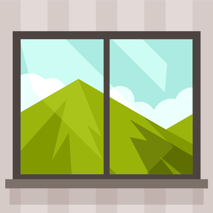 Grüne Berge durch ein Fenster gesehen