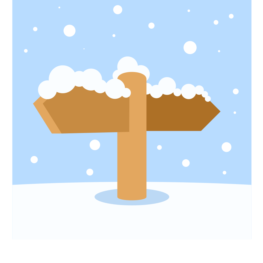 Wooden signpost covered in snow during snowfall