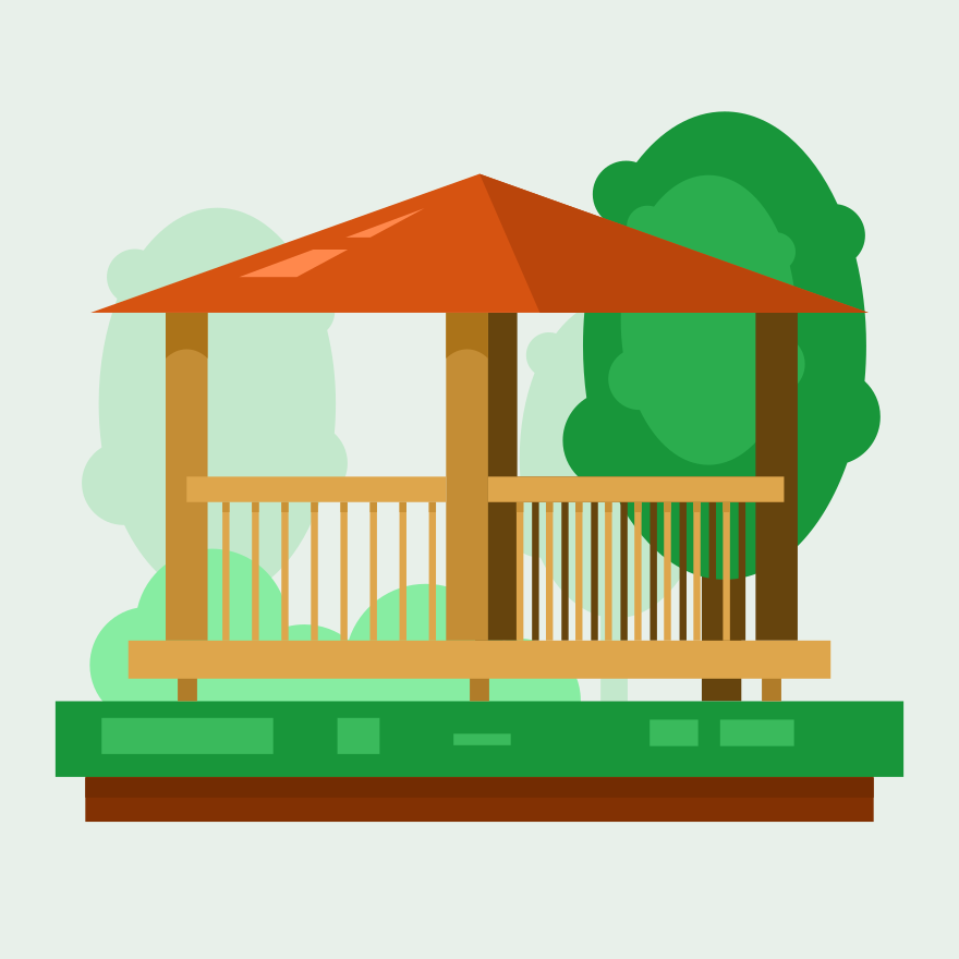 A wooden gazebo with a red roof in a park.