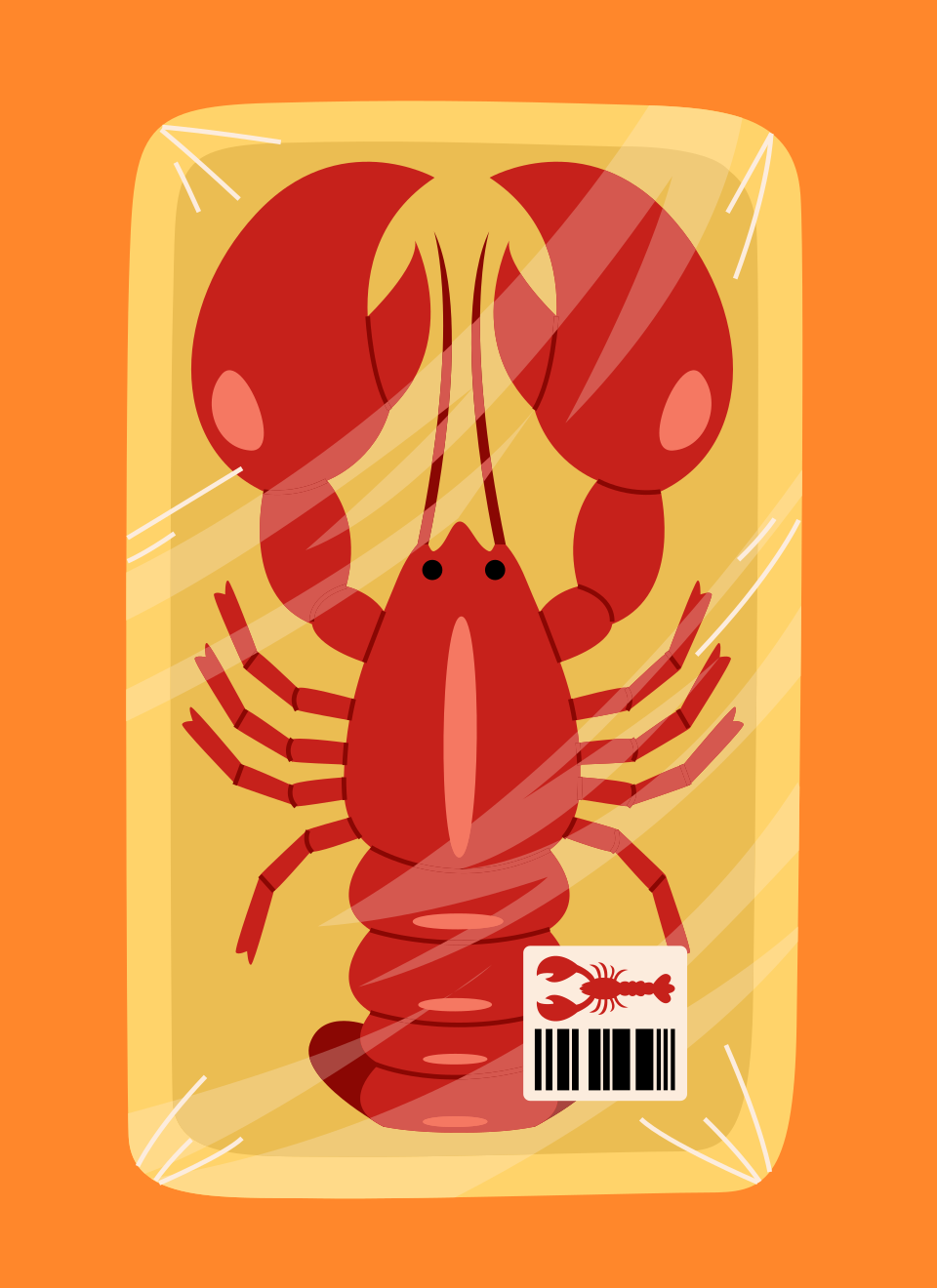 Ein gekochter Hummer in Plastikverpackung mit Barcode-Etikett