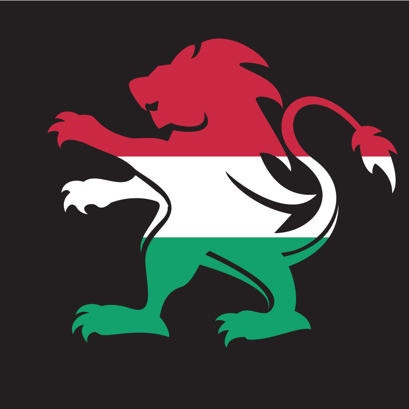 Lion silhouette with hungarian flag colors on black.