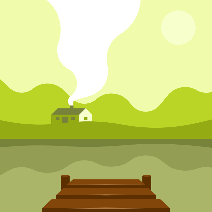 Ein Haus mit Rauch, der aus dem Schornstein am See aufsteigt