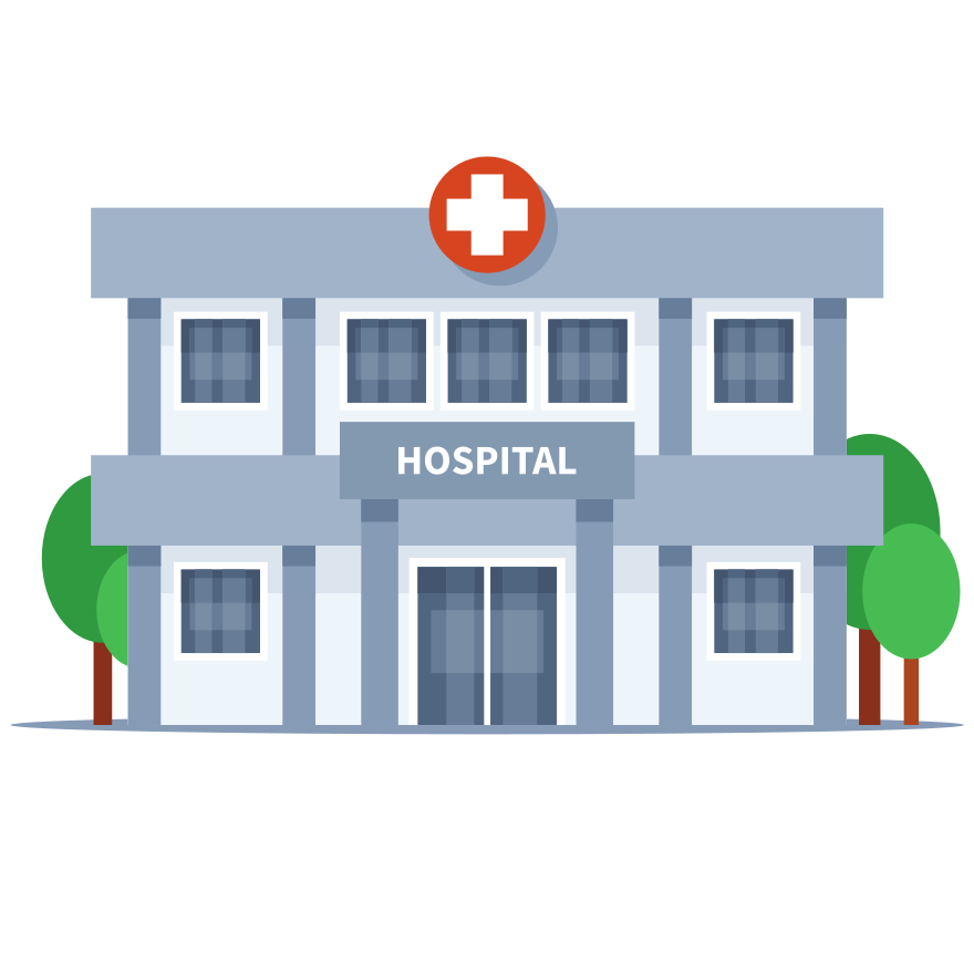 A modern hospital building with trees and a cross.