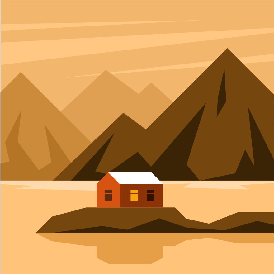 Small house on island with mountain background